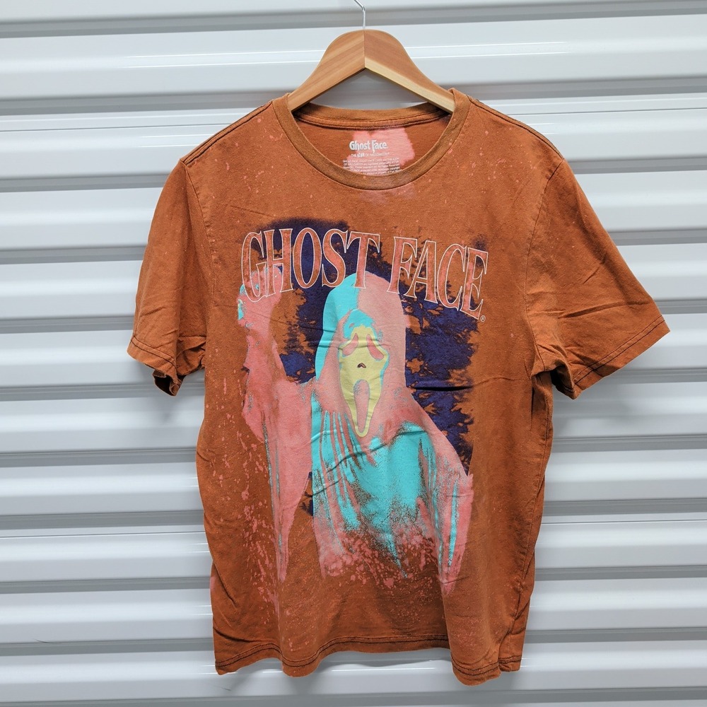 Bioworld Ghost Face Scream T-Shirt Size Large Mens Orange Bleach Wash Horror Tee — photo 2